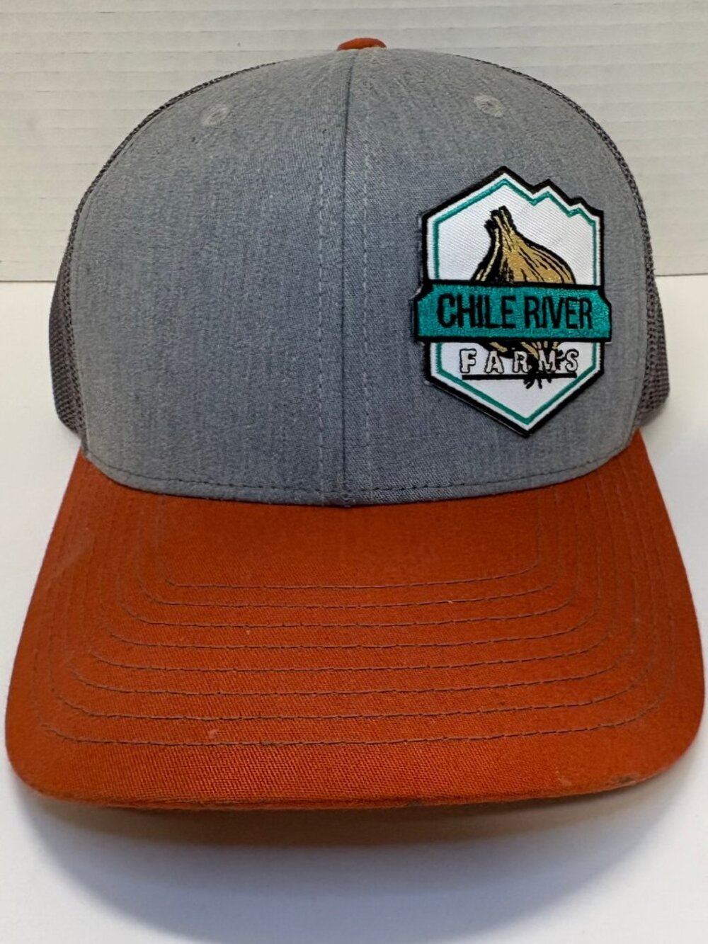 Chile River Farms | Salem NM Trucker Cap Hat Gray Rust Orange Adjustable